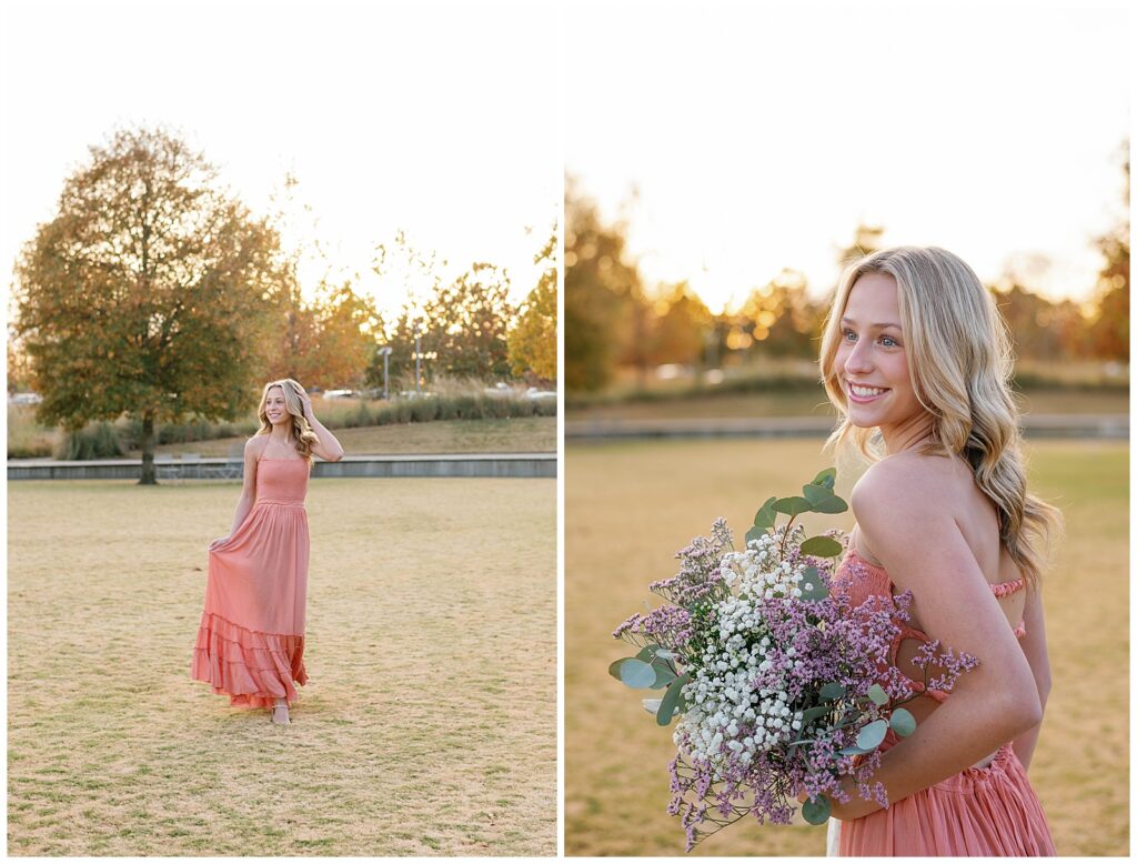 Golden hour fall senior session Raleigh NC Art Museum in open field holding flowers